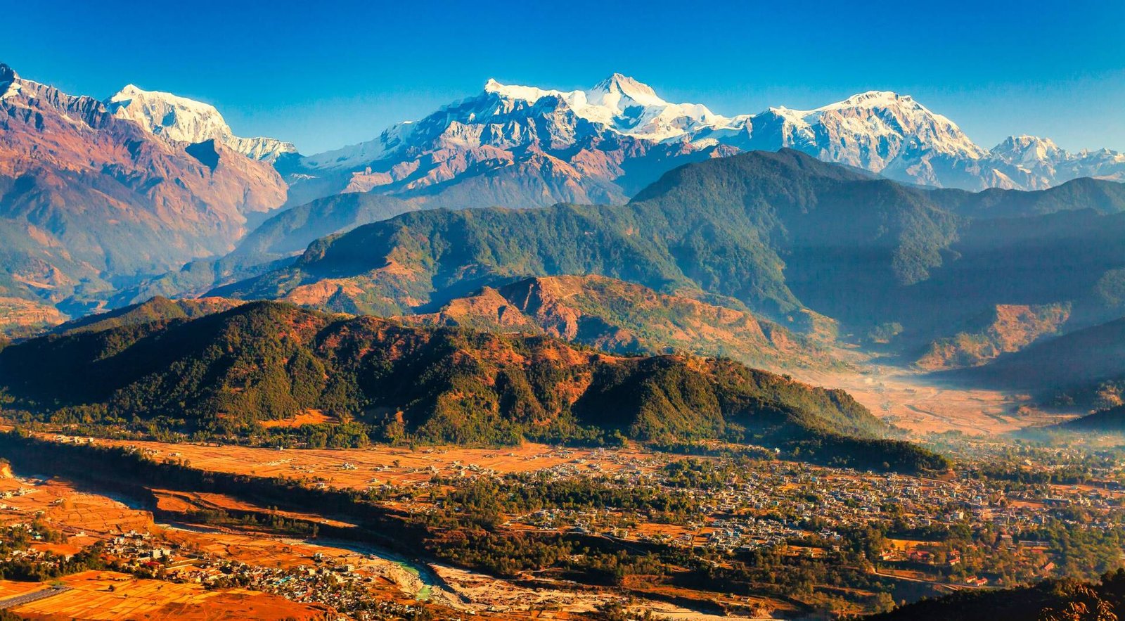 Breathtaking view of snow-capped mountains and lush valleys under a clear blue sky.